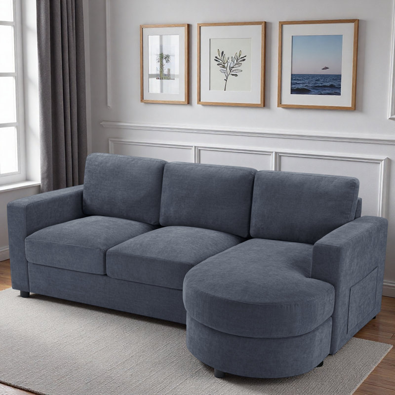 Modern L-shaped Sectional Sofa With Curved Chaise Lounge, Usb Ports And Side Storage Pockets, Blue Chenille