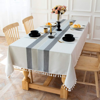 Washable Stitching Tassel Table Cloth Cotton Linen Tablecloth Rectangular Dust-Proof Table Cover  (Grey, 140x220cm)