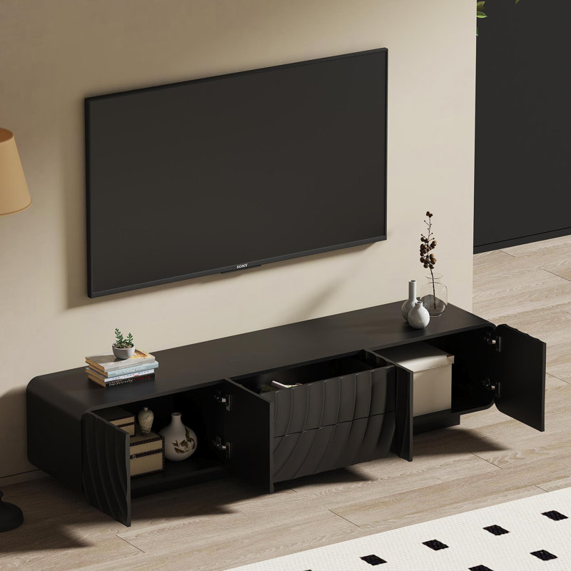 Console 70 po avec design en spirale unique et moderne avec meuble de rangement et meuble télé 2 tiroirs pour le salon, la chambre à coucher, noir
