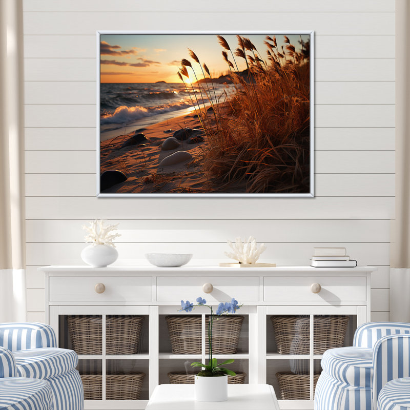 Amanollah Grass Sunrise Beach sur toile, H 16 po x l 32 po x P 1 po, Cadre flottant blanc