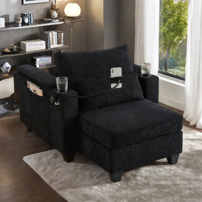 Alice Corduroy Sleeper Chaise Lounge with Cup Holders, USB & Storage by Ebern Designs