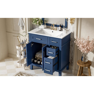 Meuble-lavabo de 30 po avec lavabo en céramique, rangement profond et standard, beaucoup d'espace, portes à fermeture en douceur, poignées en alliage de zinc argenté, parfait pour les petites salles de bain avec rangement élégant et silencieux