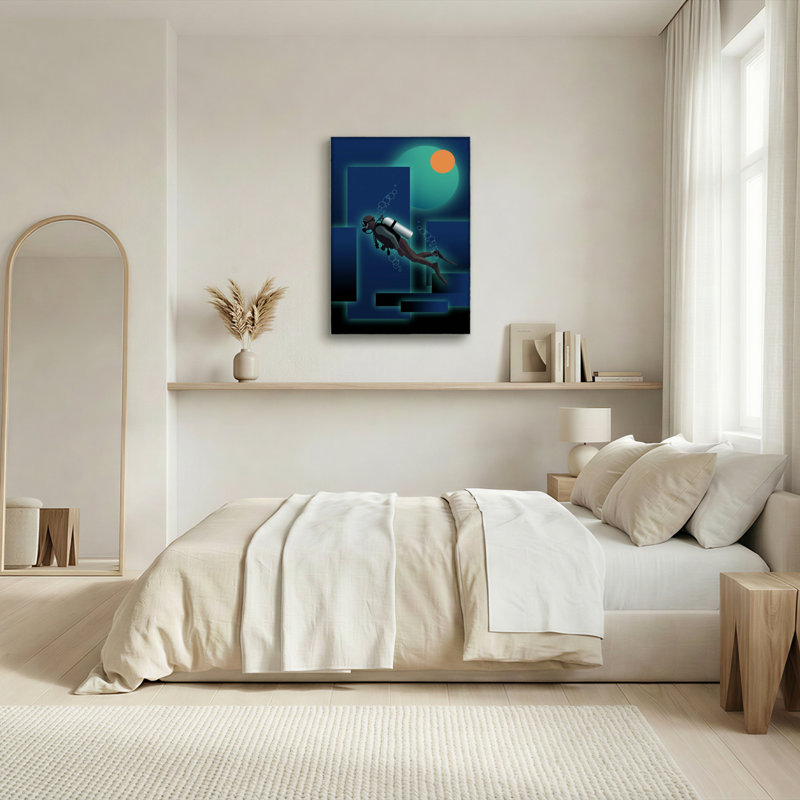 Ensemble de 1 tableau sur toile représentant un plongeur sous-marin, H 48 po x l 32 po, Toile tendue