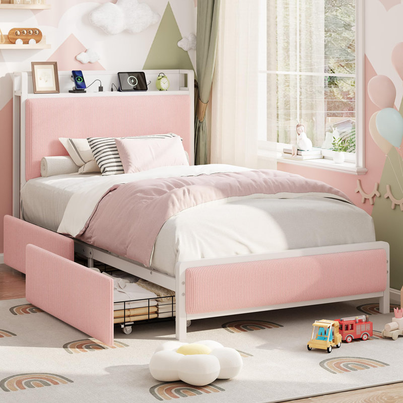 Structure de lit simple avec 2 tiroirs et station de charge, rose, Twin, White tube + pink