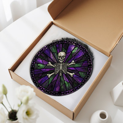12"H Skull Skeleton Stained Glass Window Panel
