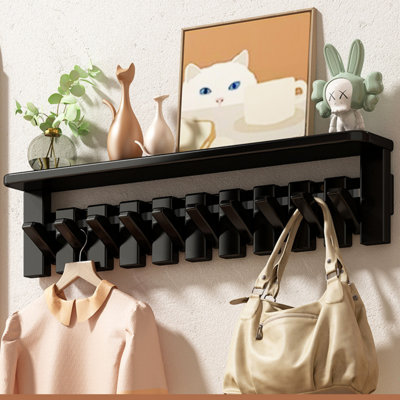 Solid Wood Wall-Mounted Coat Rack with Dual Installation Options, Space-Saving Entryway Organizer for Hallway & Bedroom，Black，10 Hooks