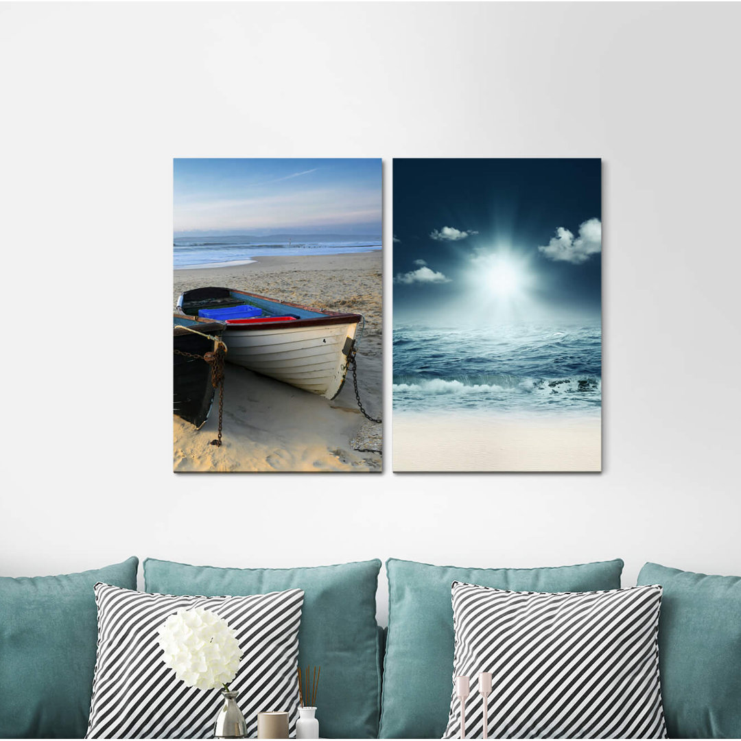 2-tlg. Leinwandbilder-Set Fishing Boat Beach Sea Sun Rays Ebb Tide Horizon