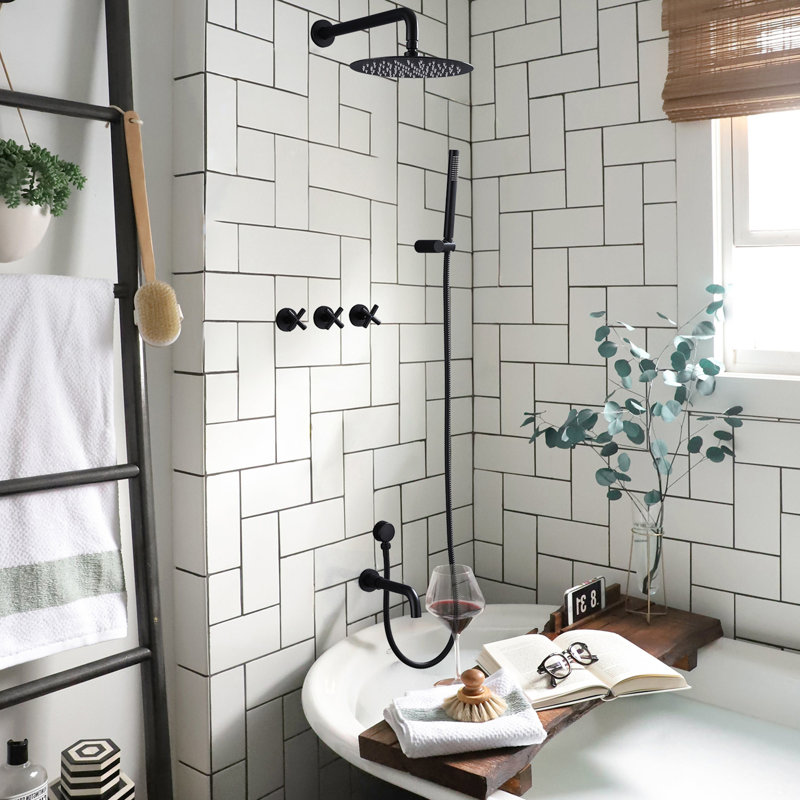 Wall Mounted Solid Brass Complete Shower System With Tub Spout And 3-Cross Handles, Matte Black