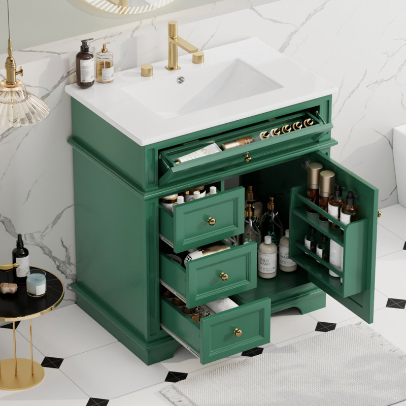 30" Bathroom Vanity With Sink, One Tip-Out Drawer, Three Drawers, Door Shelf, Soft Closing Door