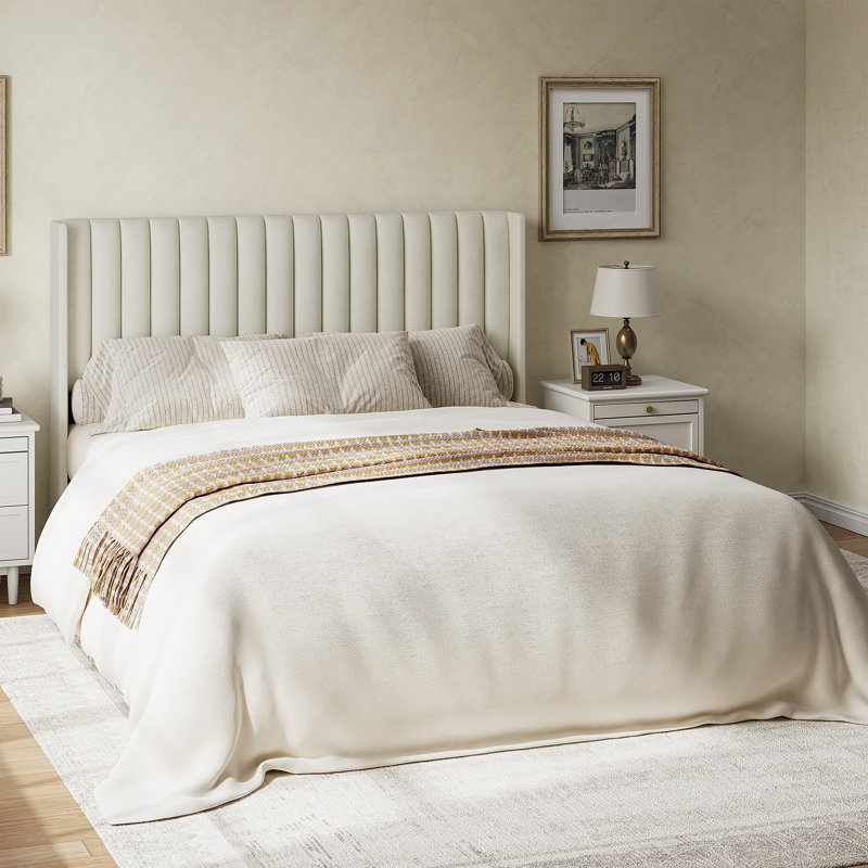 Avelyn Upholstered Platform Bed Frame with Vertical Channel Tufted Wingback Headboard, Beige, Queen
