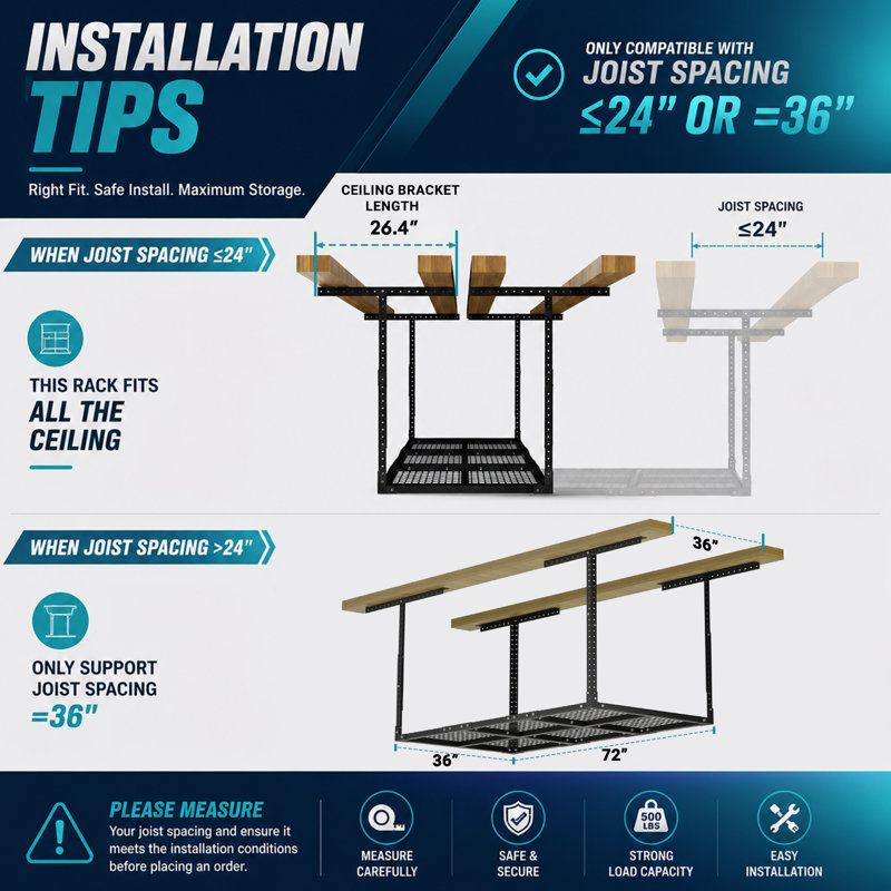 3 supports de garage suspendus de 6 pi, supports de plafond réglables, système de rangement robuste pour tablettes de garage, capacité de poids de 500 lb (blanc)