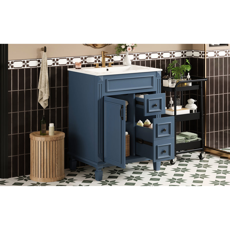 Meuble-lavabo de 24 po avec lavabo, petite 2 tiroirs et tablette réglable, style français, rails, Blue
