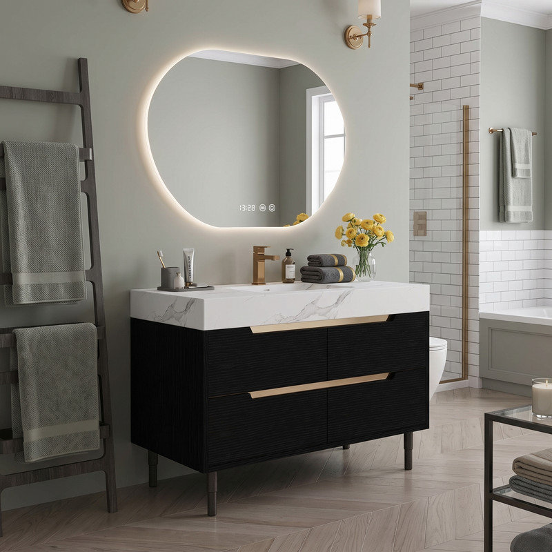 Meuble-lavabo multifonctionnel de 35,4 pouces avec lavabo en céramique encastré, comptoir en pierre frittée, structure en bois multicouche imperméable et 4 tiroirs de rangement, autoportant et mural