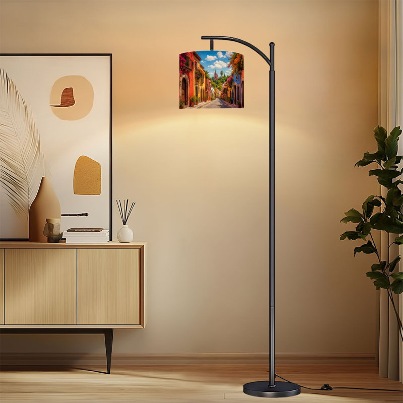 Lampe sur pied à arc avec abat-jour réglable Bâtiments mexicains colorés Lampe sur pied rue pavée 3 températures de couleur Lampe à mât haut avec interrupteur au pied pour la chambre à coucher
