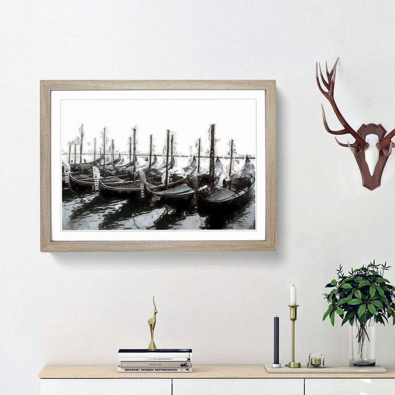 Docked Gondolas in Venice Italy in Abstract - Picture Frame Painting Print, Oak Framed, 36cm H x 48cm W x 2cm D