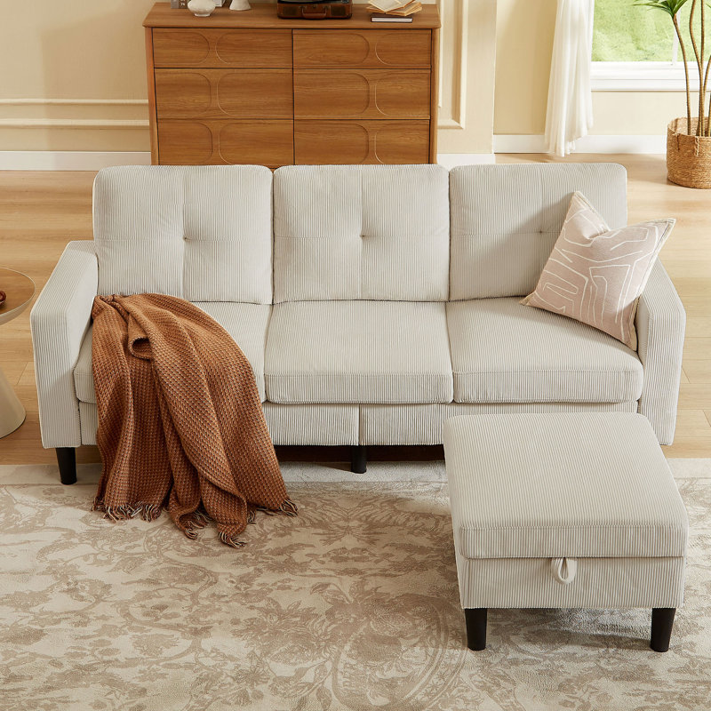 79.14" L Shaped Sofa with Storage Pockets and Reversable Storage Ottoman, Beige