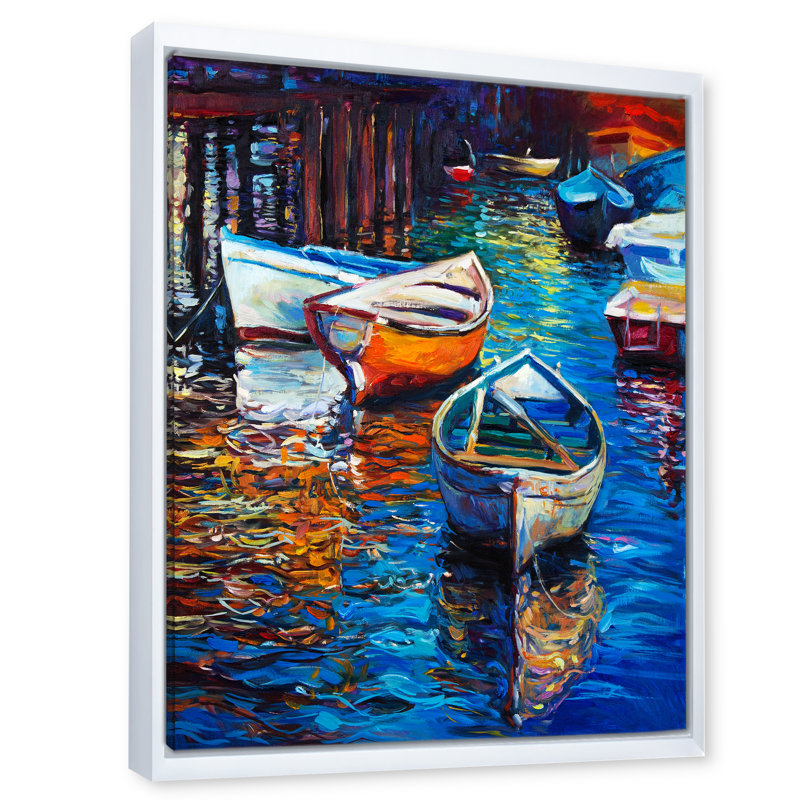 Paysage, bateaux sur l'eau, coucher de soleil sur toile - Warm Sunset X, H 20 po x l 12 po x P 1po, Cadre flottant blanc