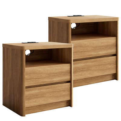 Now Mais Nightstand With USB&Type C Charging Station & Outlets, Modern Wood Bedside Table With 2 Smooth Drawers And Open Storage Shelf, Wood Grain Finish, Curved Corners,Design For Bedroom.Natural Oak