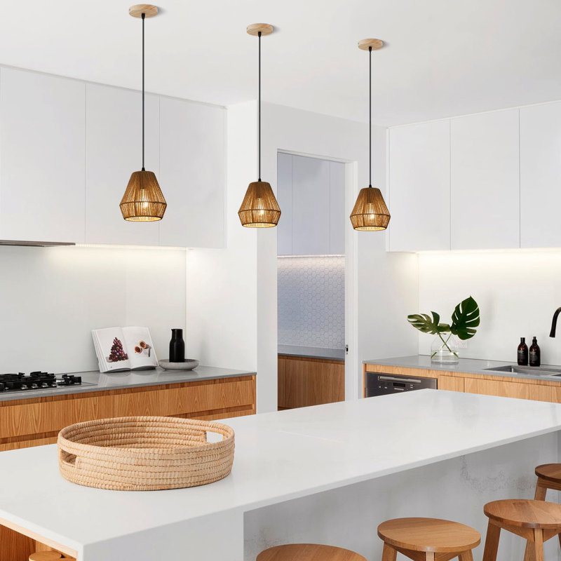 7.09 in. 2 Pack Boho Mini Rattan Pendant Light, Natural/Wood