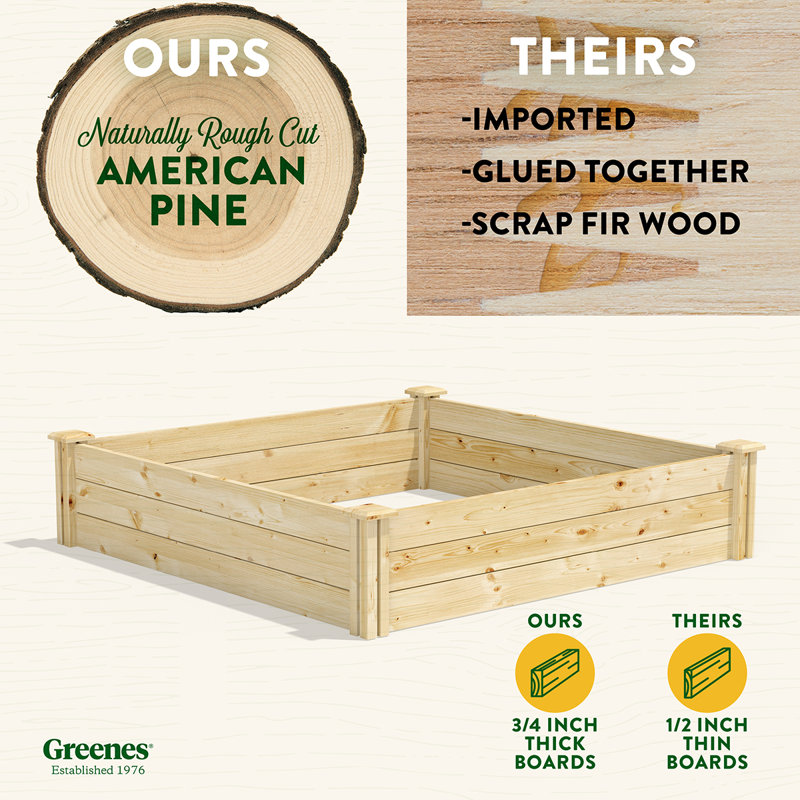 Katsuyoshi Wood Raised Garden Bed, Pine, 10.5" H x 48" W x 48" D
