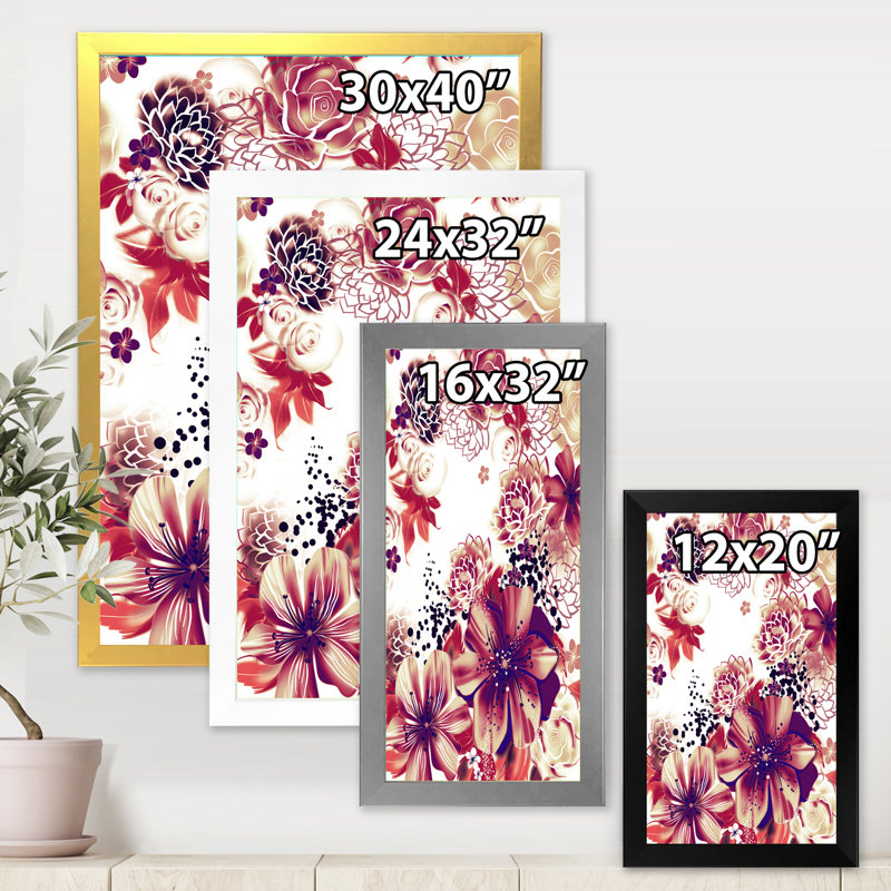 Fleurs roses et jaunes rétro - impression sur toile, H 32 po x l 24 po x 1,5 po, Toile avec cadre argenté