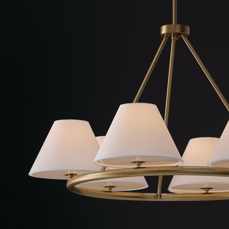35"W x 19.50"H 6-Light Circular Chandelier in Matte Brass with Fabric Shades and Glass Diffusers