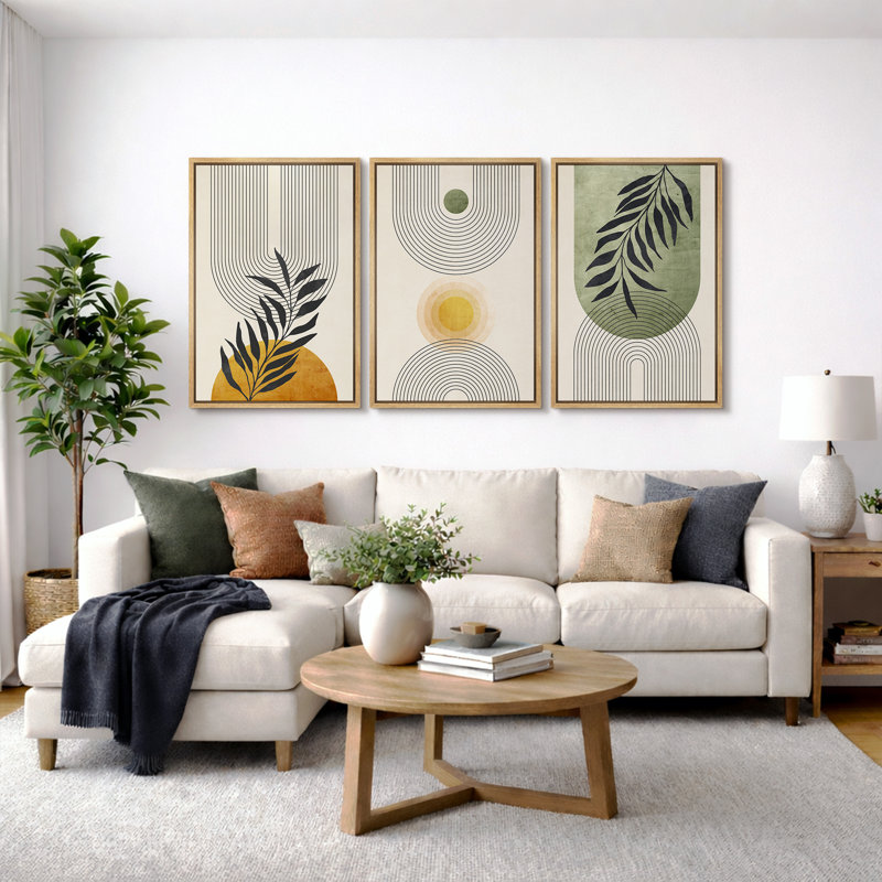 «Mid Century Modern Boho», pastel vert géométrique, feuille de palmier jungle, H 36 po x l 72 po, Brun