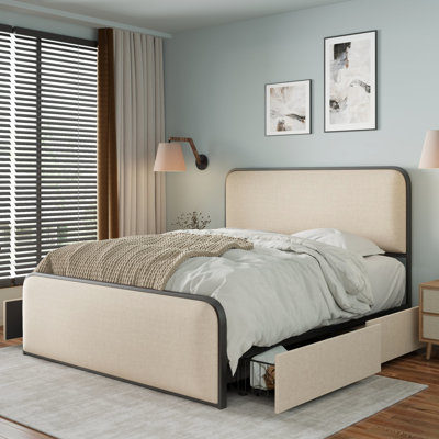 Modern Beige King Size Metal Bed With 4 Drawers, Heavy Duty Slats, Skin - Linen, 800 Lbs Capacity Frame In Beige, All Construction, Soft Fabric Uphols by Latitude Run