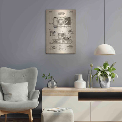 «Caméra, 1936 Blueprint Brevet Parchment», art mural en métal, 12 po x 16 po