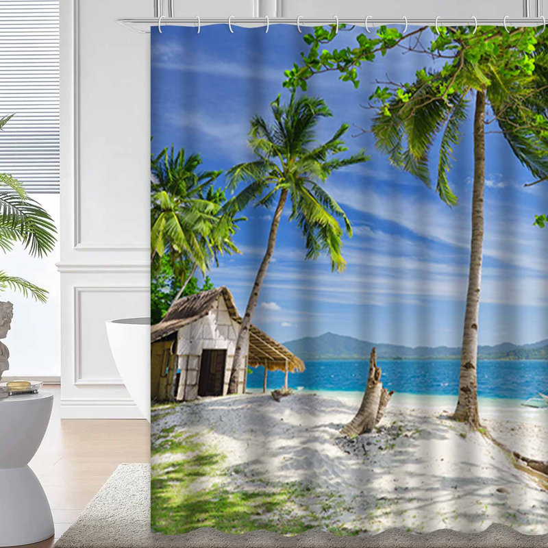 Plage de sable tropicale blanche avec palmiers et nuage bleu avec 12 crochets, L 72 po x l 84 po