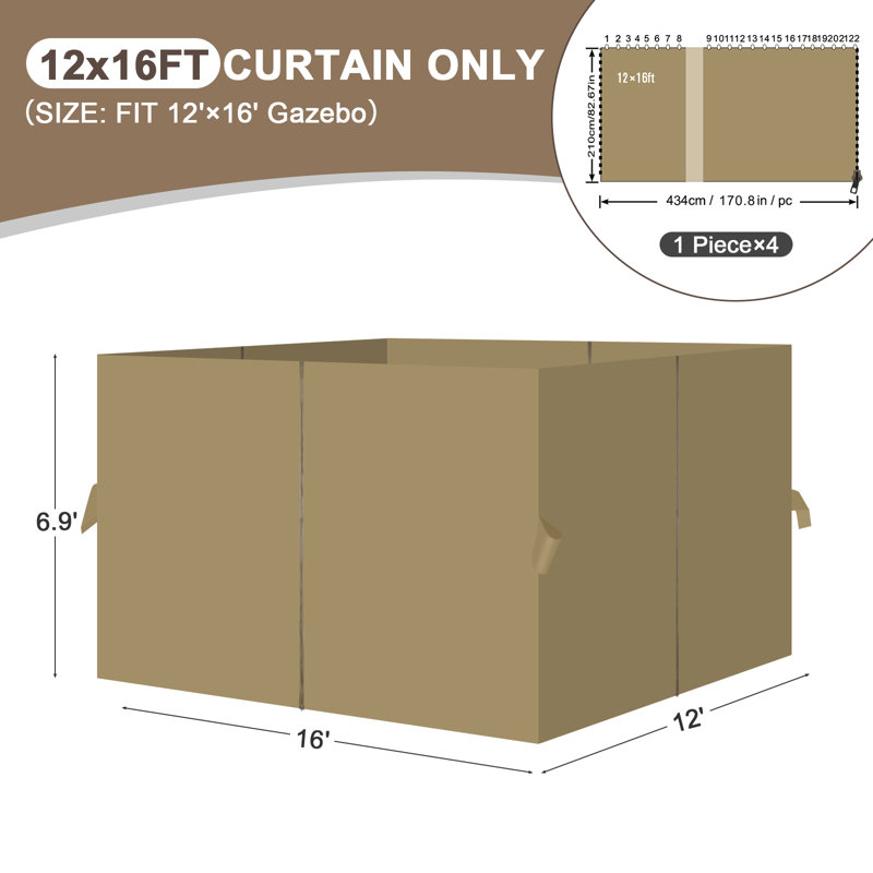 Aoodor Replacement 4-Panel Gazebo Sidewall Curtains, 82.7" H x 144" W x 192" D, Khaki