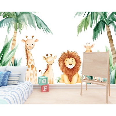 Safari Jungle Animals Wall Mural – Adorable Cartoon Giraffes And Lion With Palm Trees,  Wallpaper For Kids' Nurseries And Playrooms