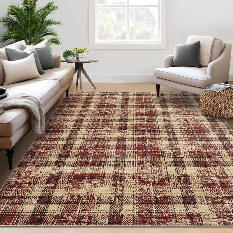 Tapis moderne lavable à la machine Gingham, Rectangle 9 pi x 12 pi