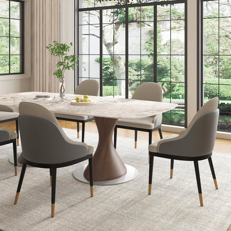 Table de salle à manger rectangulaire de style moderne du milieu du siècle, grande taille (94 po), en pierre frittée brillante, avec double pied central et chaises rembourrées (6/8/10/12 personnes).
