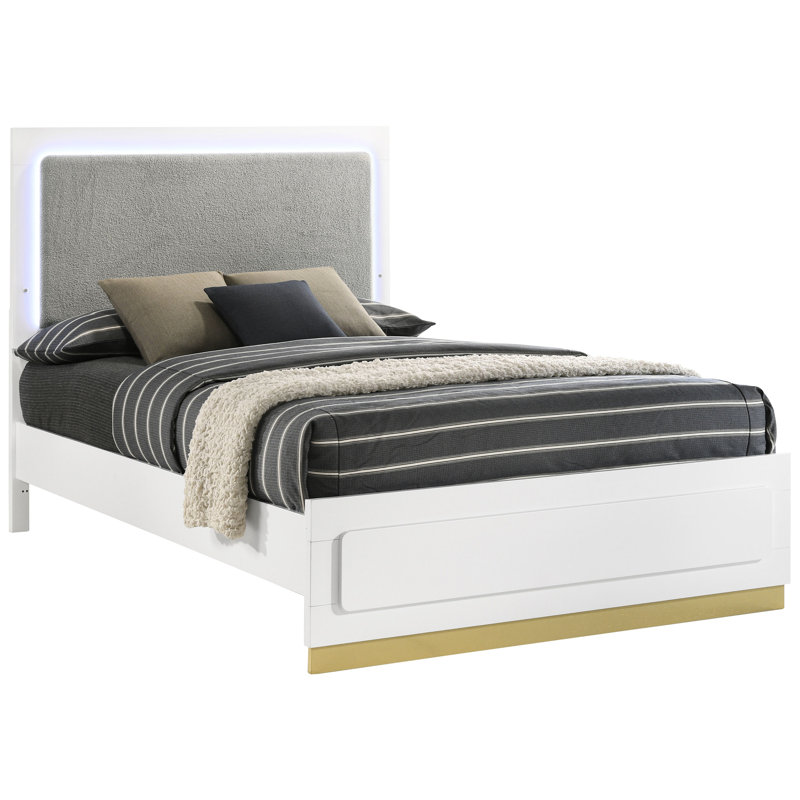 King Panel Bed Featuring Rounded Corners, Two - Tone Finish And Headboard Lighting Contemporary With Corners Mounted, White