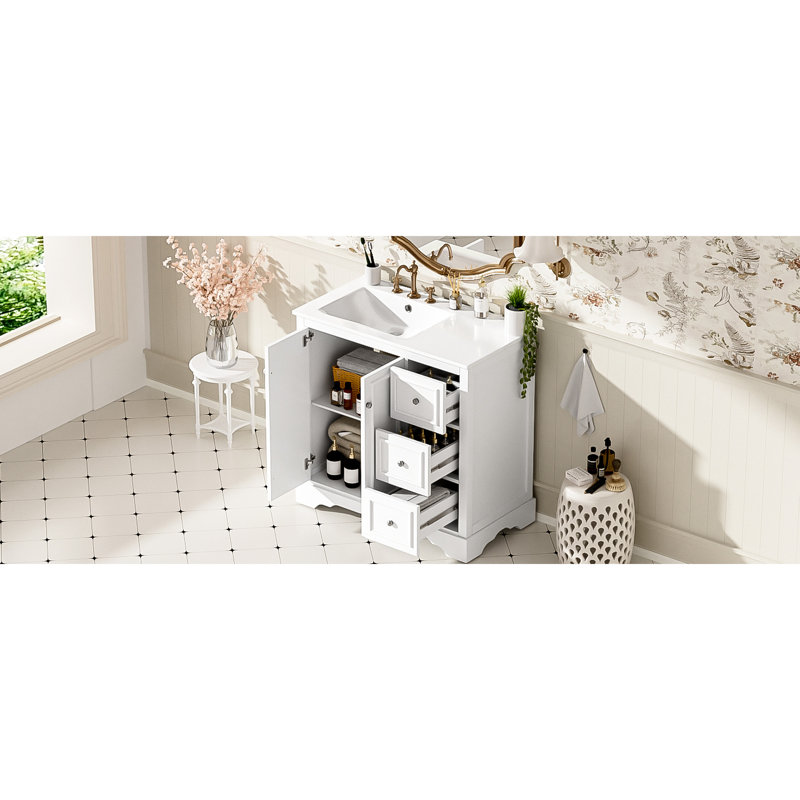 Meuble-lavabo de 36 po avec lavabo en céramique, fabrication en bois massif et charnières à fermeture en douceur de style transitionnel de 36 po avec 3 tiroirs, tablette réglable, fonction