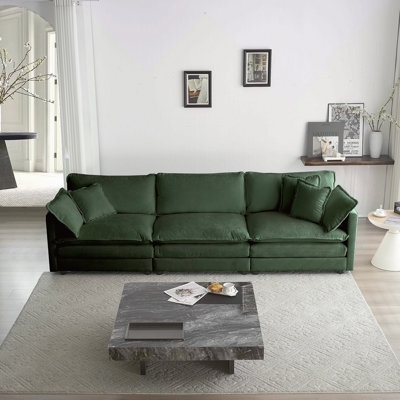 Mid-Century Modern Couch 3-Seater Sofa With 2 Armrest Pillows And 3 Toss Pillows, Couch For Living Room Green Chenille