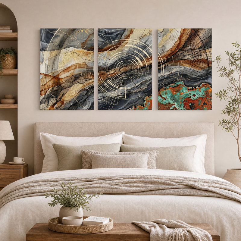 Ensemble de 3 toiles murales abstraites à texture géométrique et motifs concentriques dorés, 24"H x 16"W x 3pcs