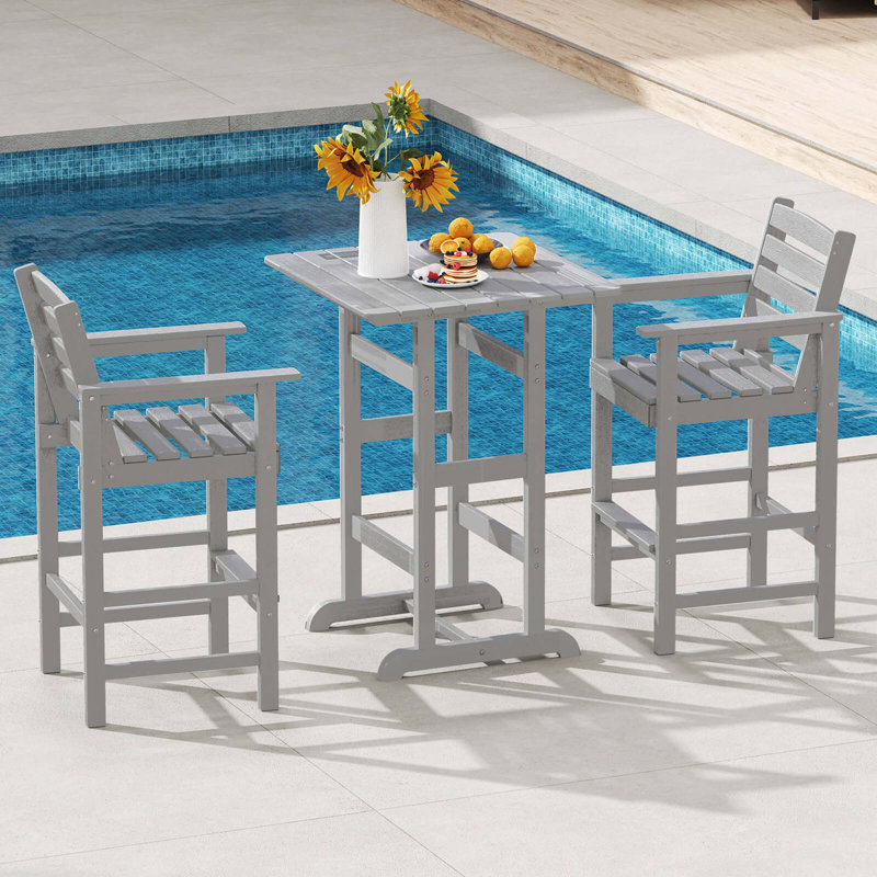3-Piece Patio HDPE Bar Set Armchairs with Square High-Top Table Footrest Backrest , Gray