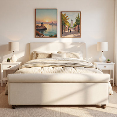 Upholstered Bed With Thick Rolled Edges, Vintage Double-layer Oval Legs And Robust Headboard