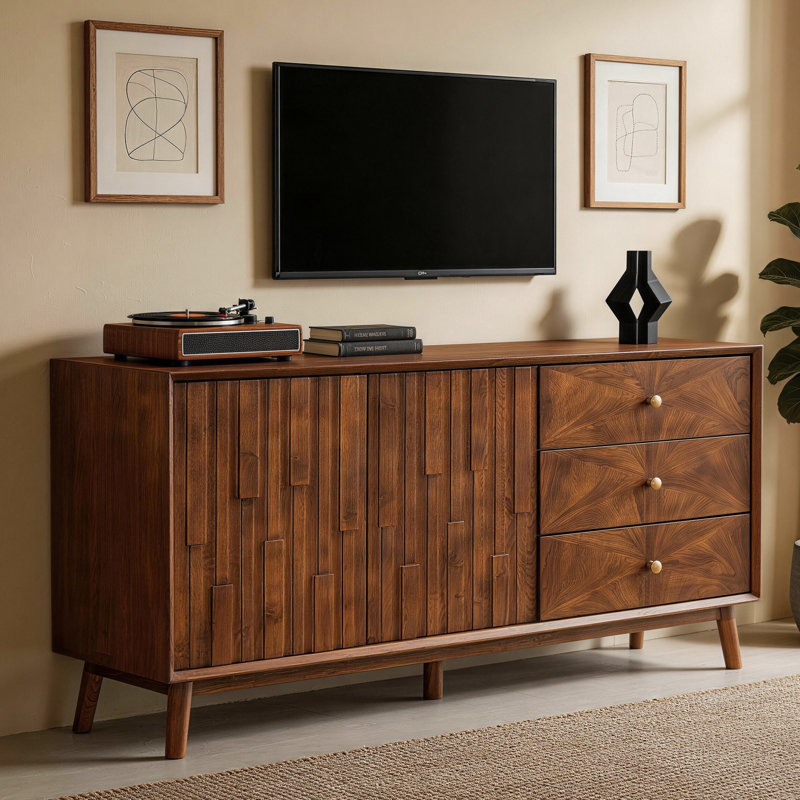 56" Mid-Century Modern Fluted Wood Sideboard & TV Stand, 2 Sliding Doors & 3 Drawer Storage Buffet Cabinet, With Solid Wood Legs