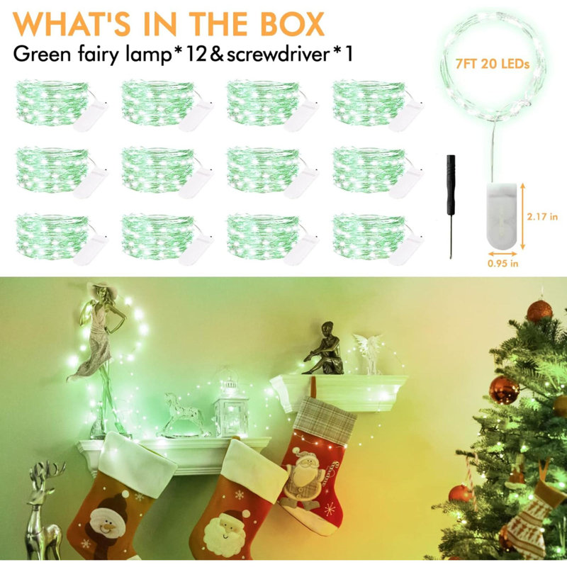 Paquet de 12 guirlandes lumineuses à piles, 20 lumières de Noël en fil d'argent imperméables pour l'extérieur, Vert