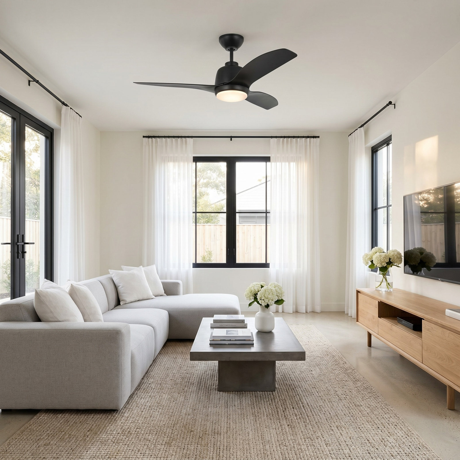 44'' Ceiling Fan with LED Light Kit, Matte Black, Matte Black, 12.18" H x 44" W x 44" D