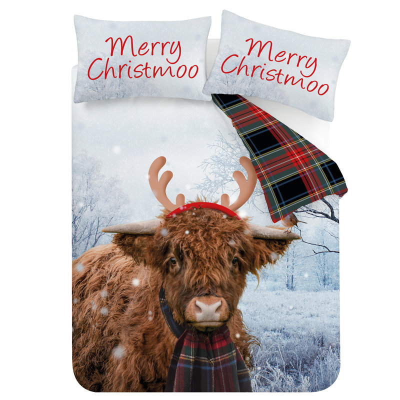 Merry Christmoo Highland Cow Christmas Duvet Cover Set, Double Duvet Cover + 2 Standard Pillowcases