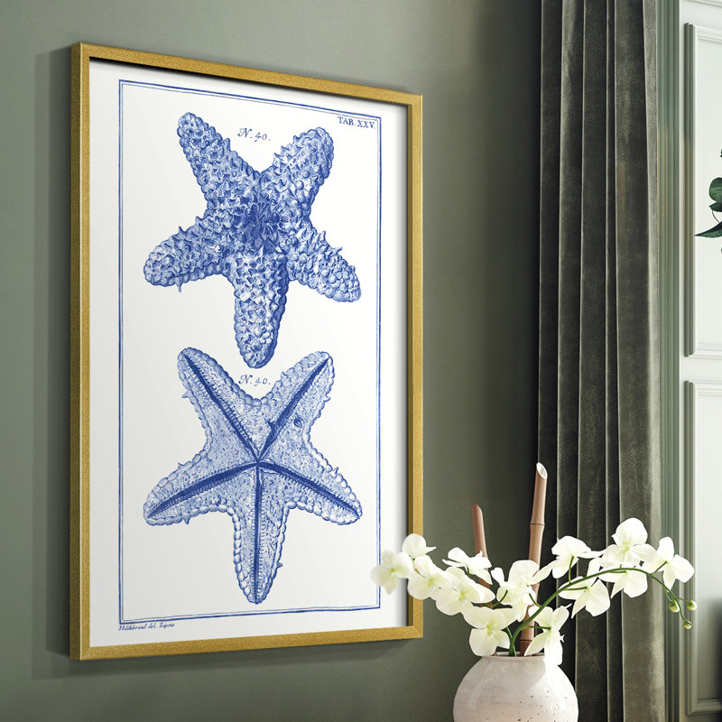 Blue Sea Stars IV, reproduction encadrée - bois massif, Or, H 14 po x l 11 po