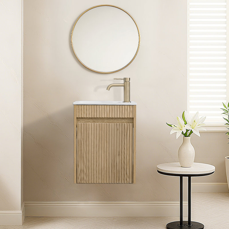 Meuble-lavabo mural 16 po avec lavabo en résine, conception flottante, Noyer, 16"