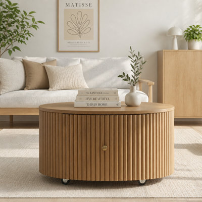 Table basse à tambour Mid-Century avec rangement caché et roulettes