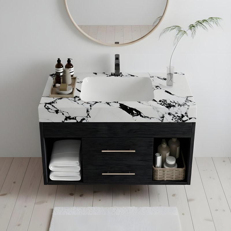 Meuble-lavabo mural avec lavabo en céramique frittée, Noir