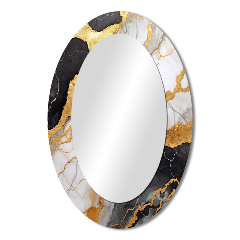 Gold And Grey Abstract Marble Mirage I - Gold Modern Oval Wall Mirror, 36" x 24"