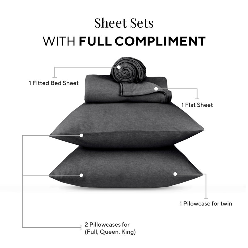 Jersey Knit Queen Size Sheets 4pc|100% T-Shirt Cotton Breathable Jersey Sheets Set| All Season , Charcoal, Charcoal, Queen